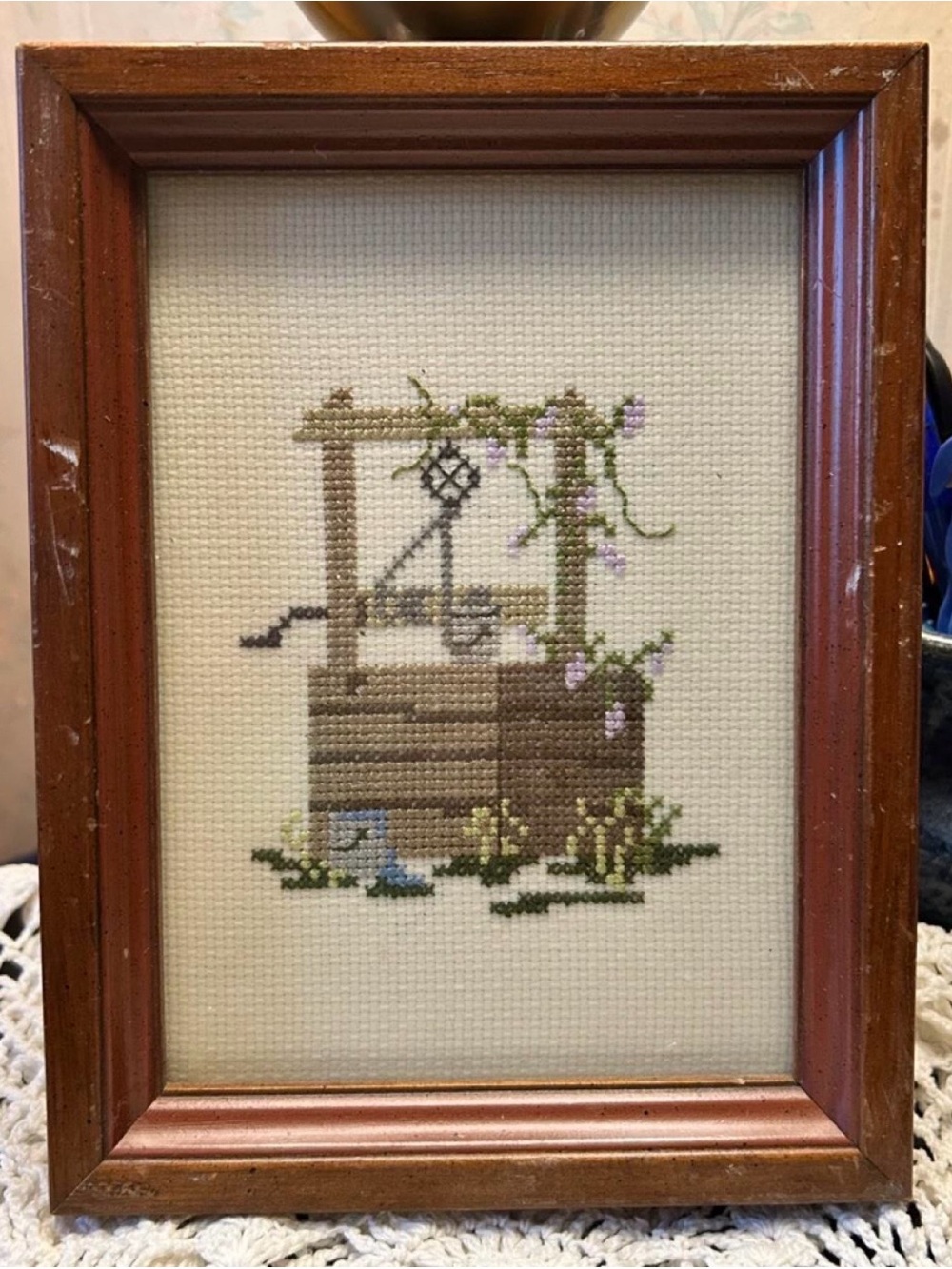 Framed Cross-Stitch Wishing Well Wall Art - Brown & Green